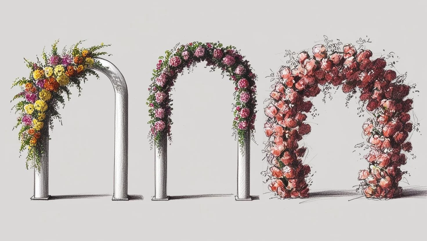 Illustration of three floral arches with different flower arrangements. The first arch has yellow and orange flowers, the second arch features pink flowers, and the third is densely covered with red flowers.