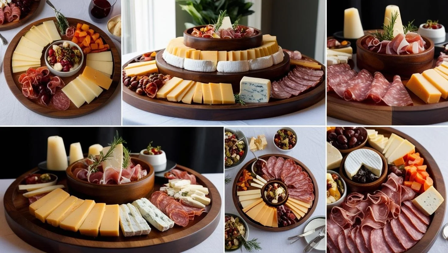 Assorted charcuterie boards with a variety of cheeses, meats, nuts, and fruits on wooden platters.