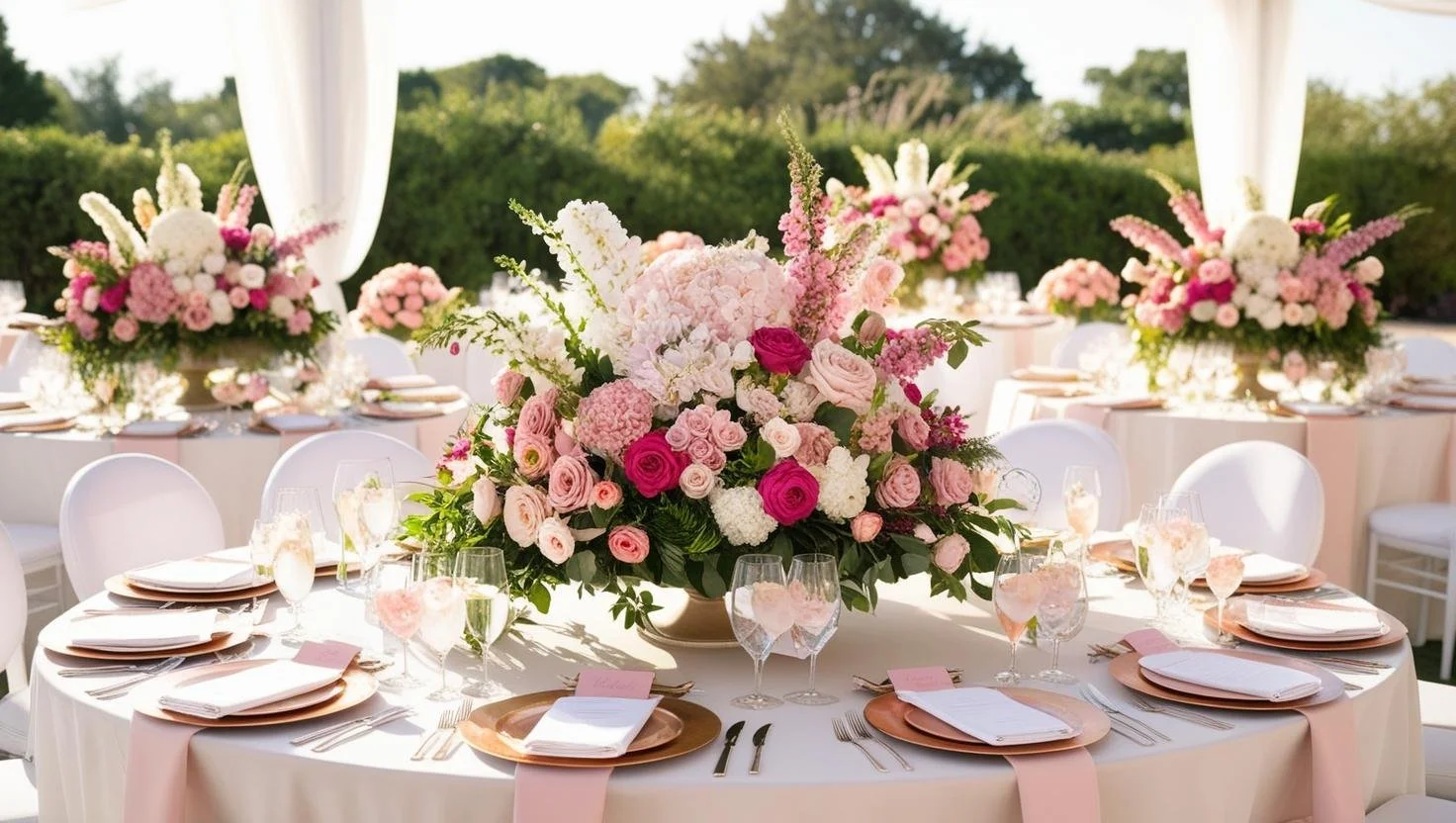 Outdoor wedding reception table decorated with pink and white floral arrangements, pink napkins, and glassware.