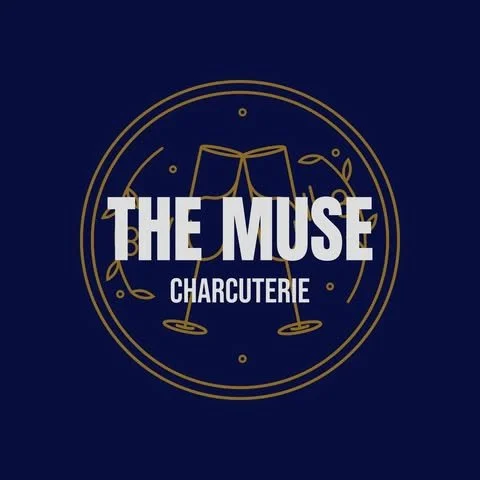 The Muse Charcuterie logo with line drawings of wine glasses and food elements on a dark background.