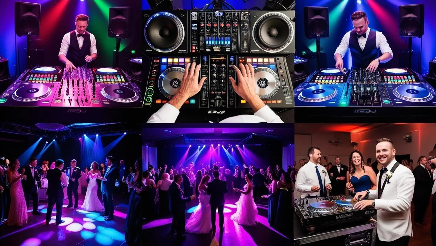 Collage of a DJ performing at an event, showing a DJ mixer, colorful lights, and guests dancing.