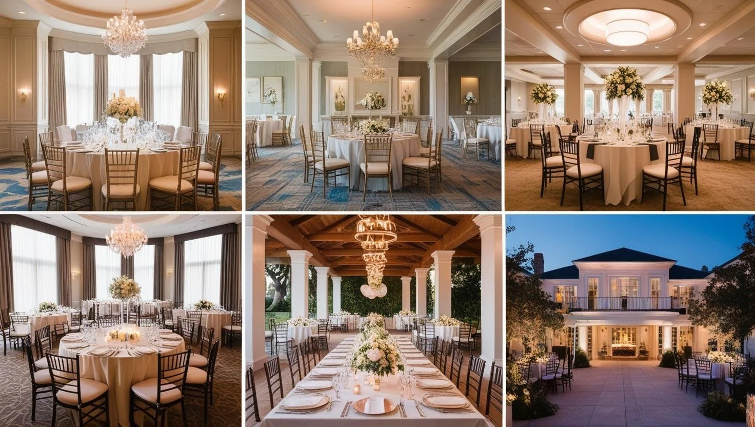 Collage of elegant wedding venues with round tables, floral centerpieces, and chandeliers; includes indoor banquet rooms and an outdoor patio setting at a large mansion.