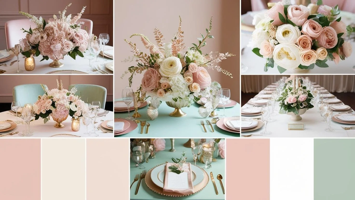 Elegant table settings for a wedding or event, featuring soft pastel floral arrangements with roses and greenery. The tables are decorated with gold cutlery, crystal glassware, and light green and pink accents. A color palette of blush pink, cream, and mint green is displayed at the bottom.
