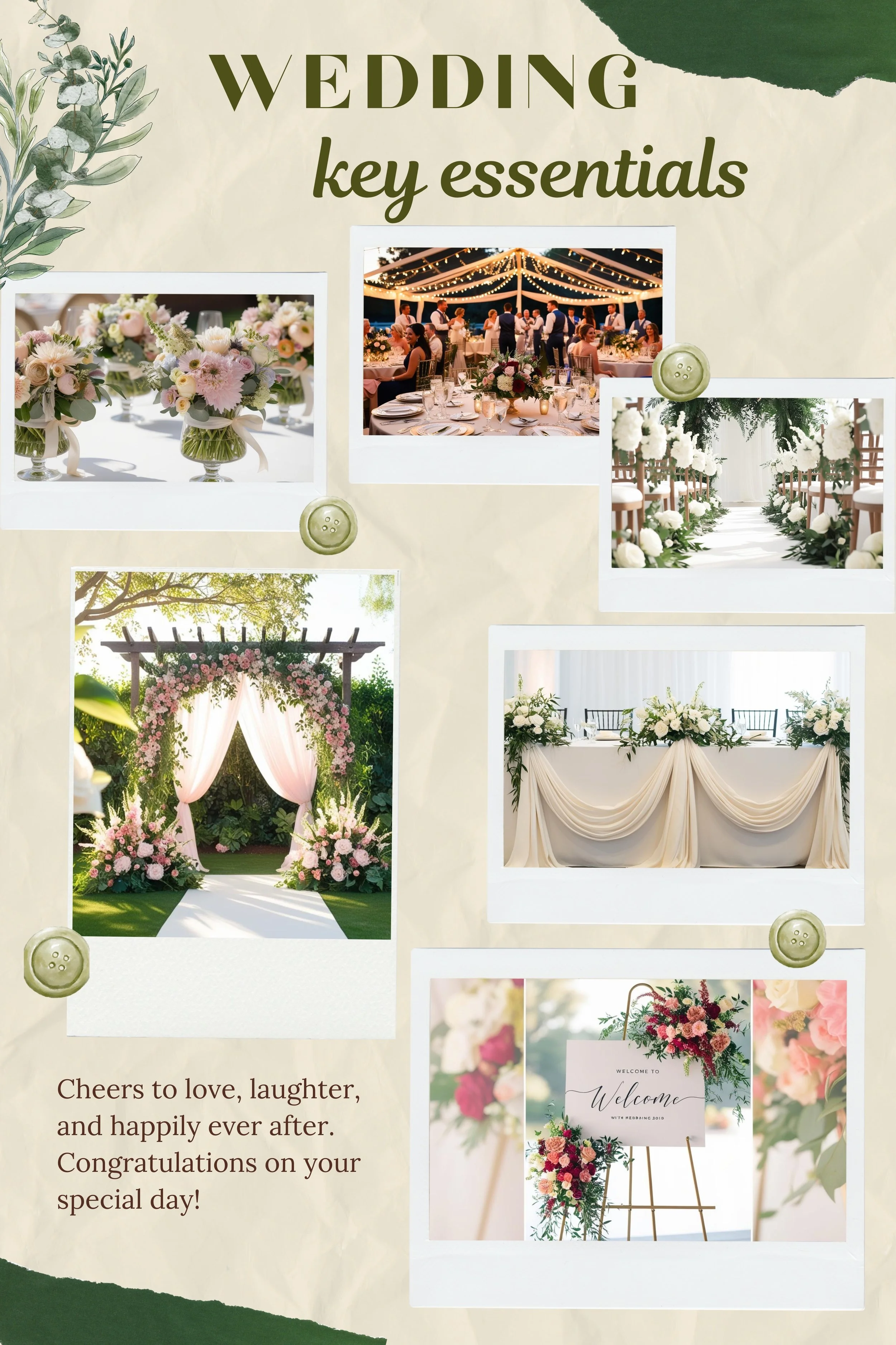 Collage of wedding essentials including floral arrangements, reception setup, ceremony aisle decor, wedding arch, draped table setting, and a welcome sign with flowers.