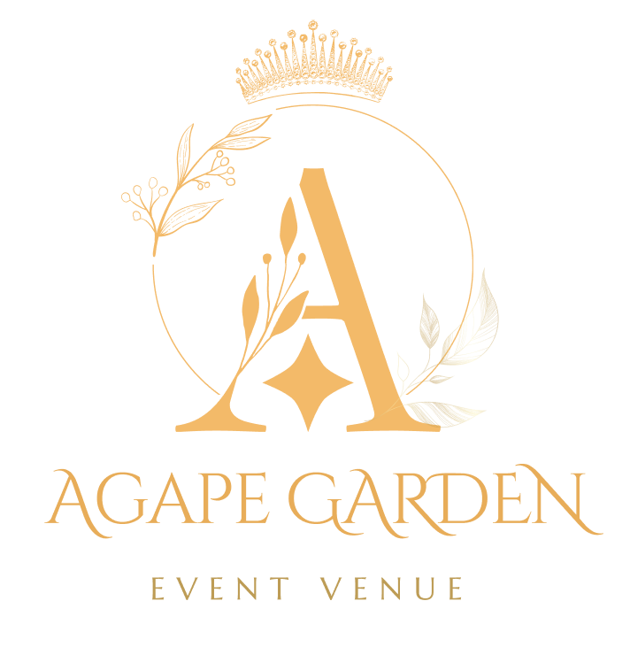 Agape Garden Event Venue logo featuring a decorative letter 'A' with botanical elements and a crown in gold.